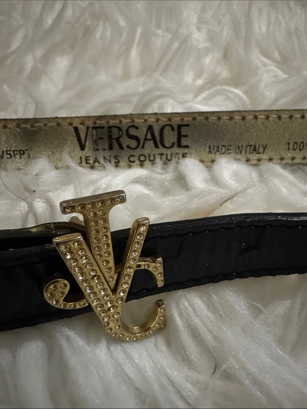 Versace Black Leather Belt with Gold Crystal Logo Buckle